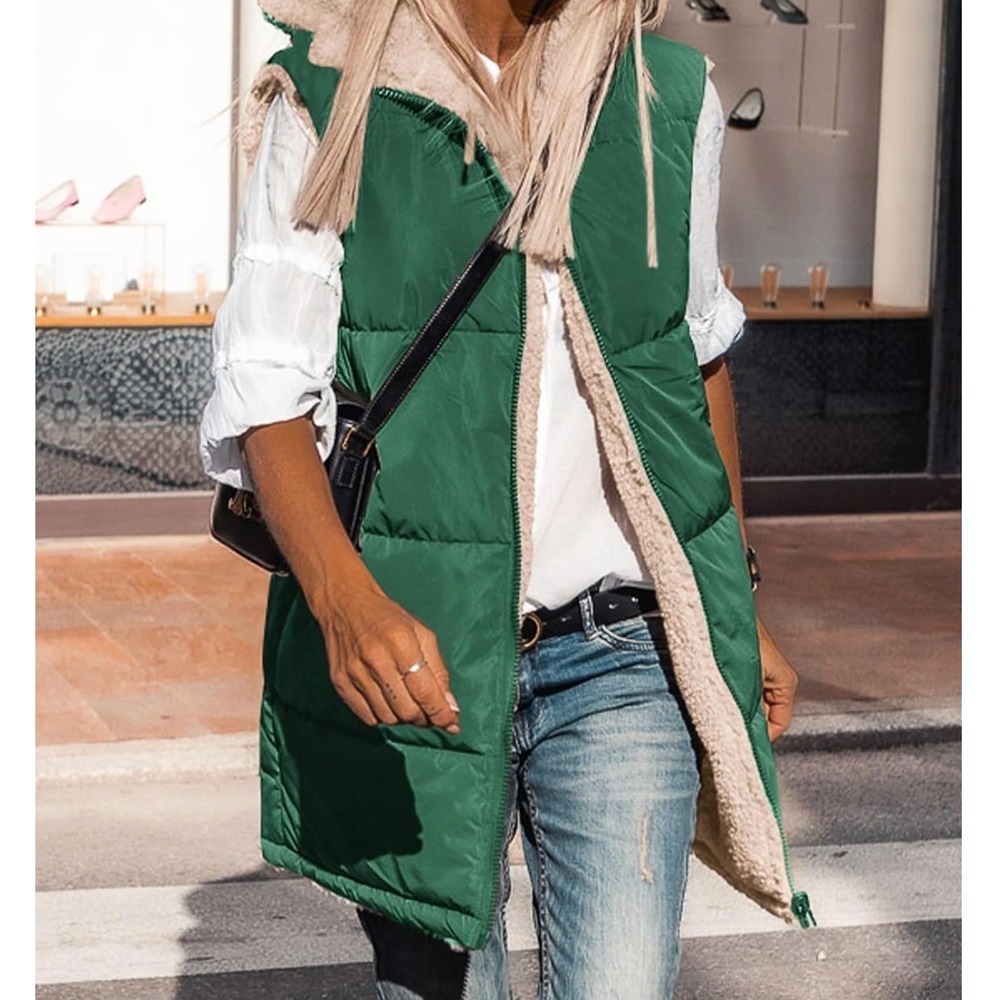 Longline Quilted Puffer Vest Hooded Sherpa XL Green Shearling Gorpcore Fall Cozy